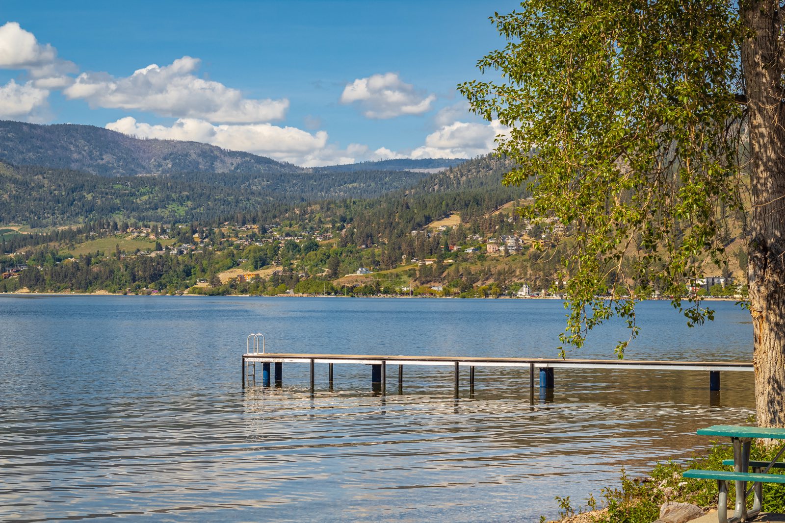 A swimming dock on Okanagan Lake in Kelowna on a summer day