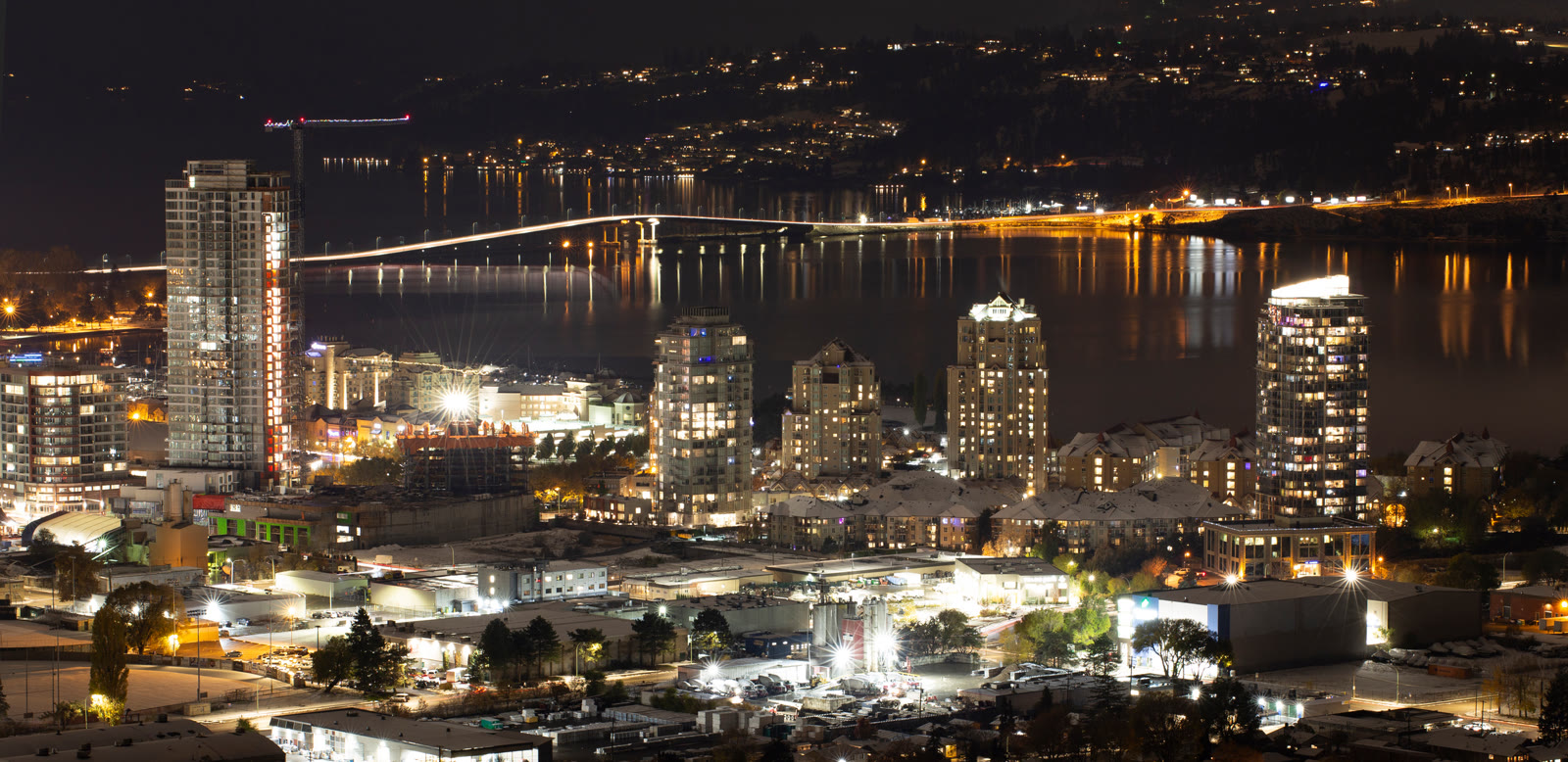 Downtown Kelowna and the bridge lit up at night