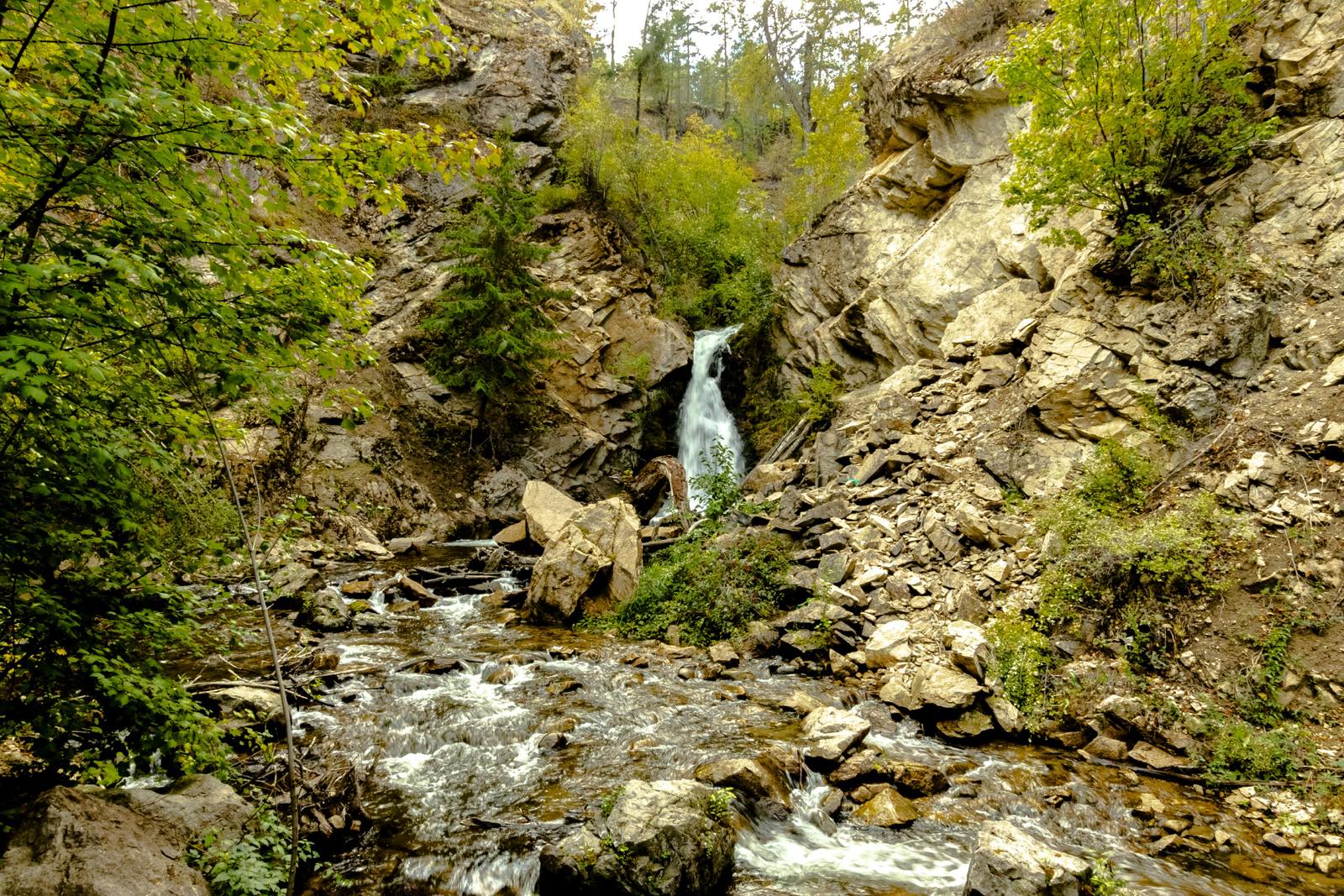 Hardy Falls tumbling into Deep Creek in a rocky canyon near Peachland