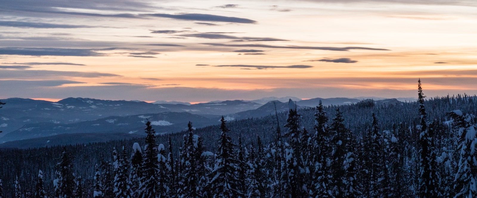 Sunset over snow-covered firs and mountain ridges at Big White