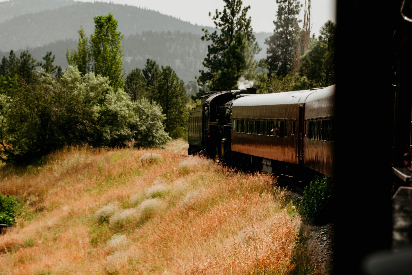 The Kettle Valley Steam Railway rounding a bend through golden grass